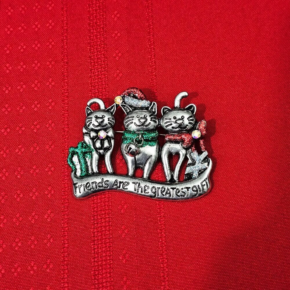 Christmas Vintage Cat Friends Holiday Enamel Silver tone Pin Brooch - Picture 4 of 4